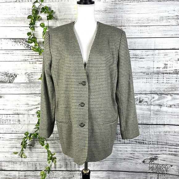 Vintage Alfred Dunner Blazer Jacket size 14 Sage Green Gray Hounds Tooth Wool - Picture 2 of 16